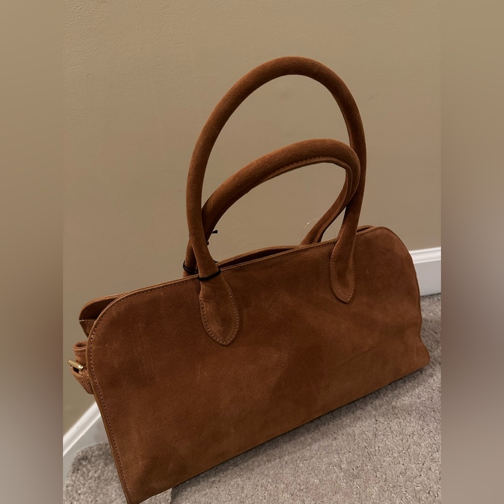 Claudia Firenze Cognac Brown East West Bowling Suede Bag Made in Italy